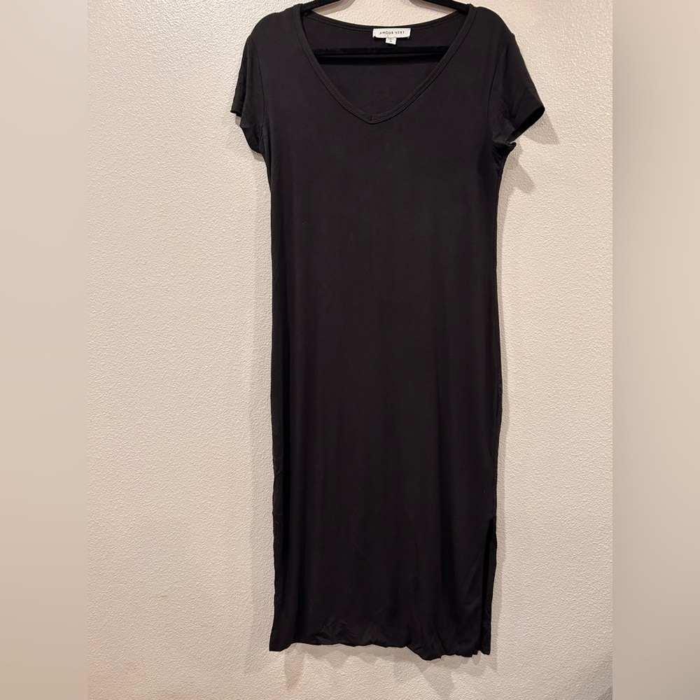 Amour Vert Dress Black Modal Spandex V Neck Short Sleeve Midi USA Women’s Size M